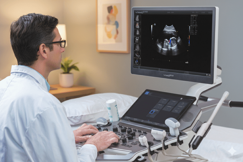 Doctor utilizando el sistema de ultrasonido Vinno R700 en un entorno clínico.